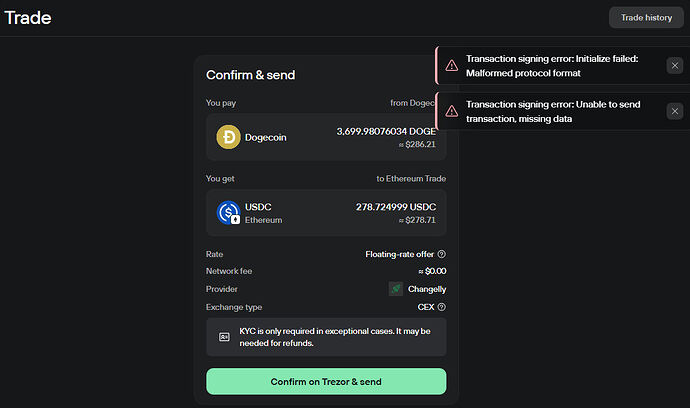 Trezor swap DOGE to USDV errors